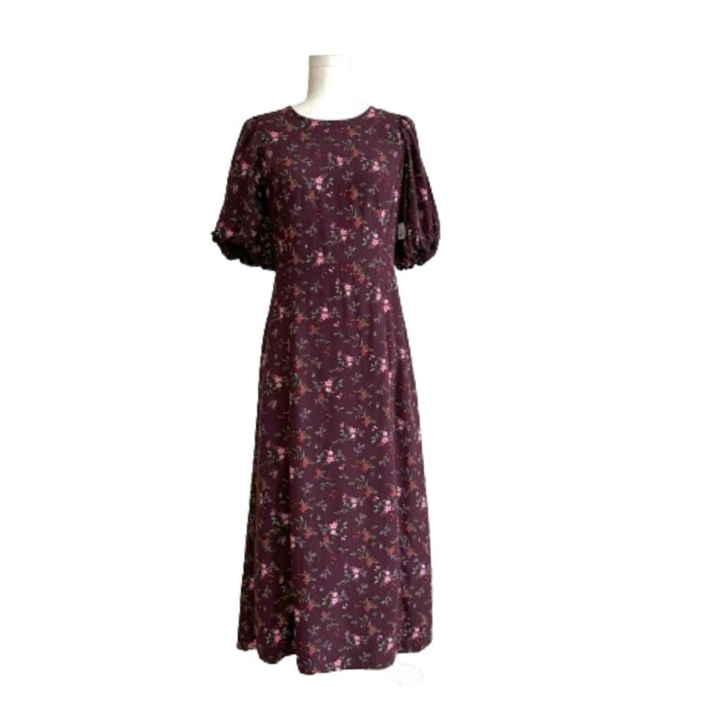Old Navy Dress Purple Plum Floral Short Puff Sleeve Dress Midi Maxi Medium NEW